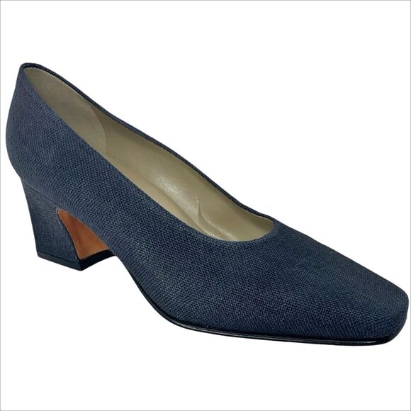 Nine West Block Heel Square Toe High Heeled Shoes Pumps 7 Navy Blue Fabric Upper - Picture 1 of 9